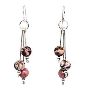 Handmade Pink and Black Rhodonite Gemstone Beads Silver Chandelier Boho Earrings